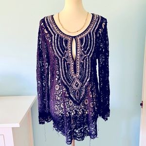 Calypso St Barth Navy Embellished Open Brocade long sleeved tunic Size L